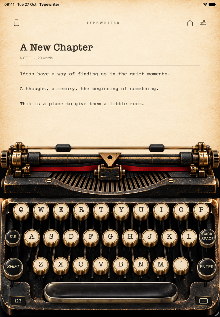Typewriter app showing a note on aged paper above cream and brass keys and a red ribbon